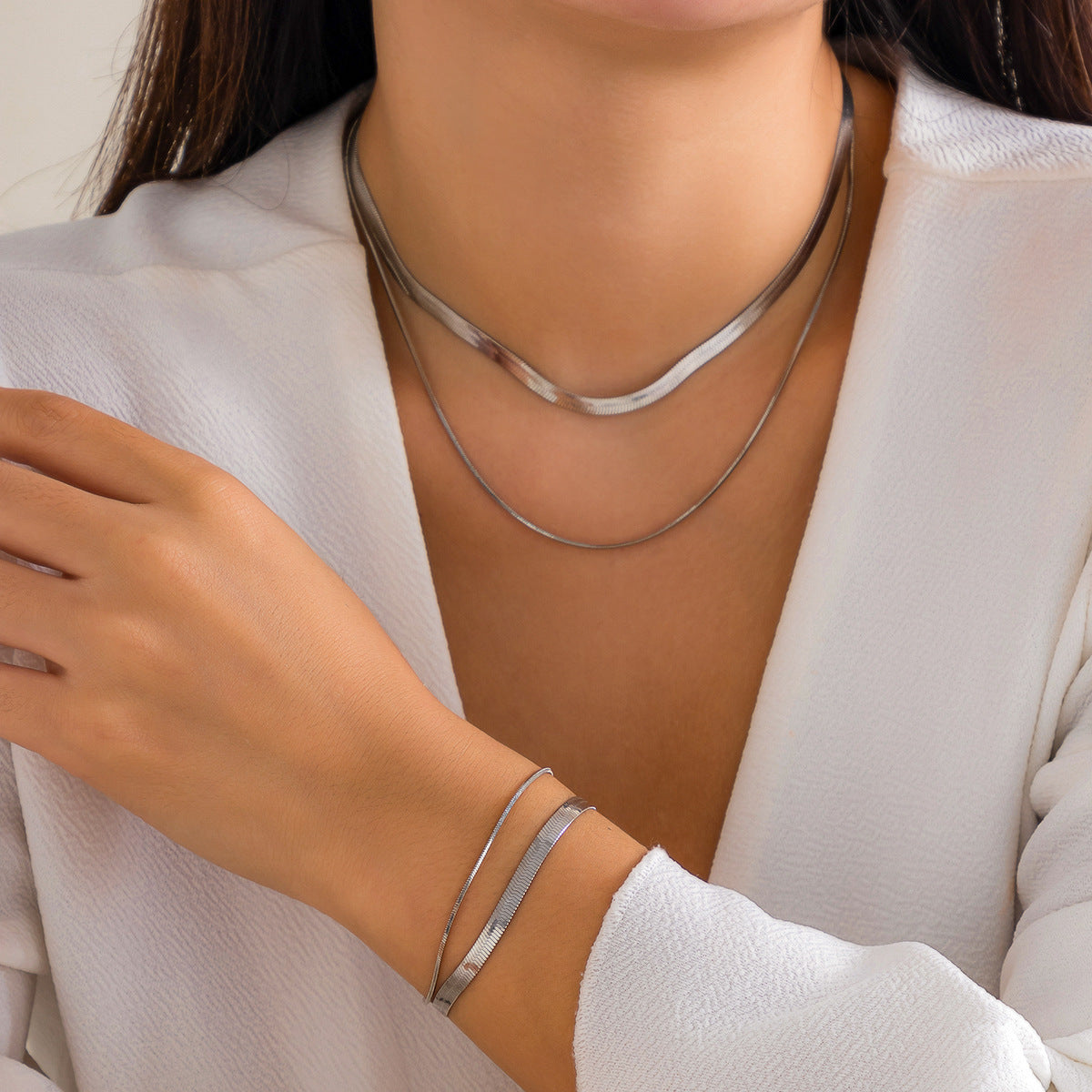 Double Layer Snake Bone Chain Bracelet Necklace Jewelry Set