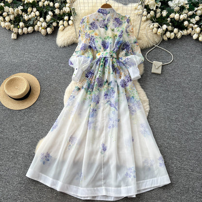 Lace-Trim Printed Dress – Mandarin Collar Long Sleeve Tie-Waist A-Line Maxi, Office Commuter Frock