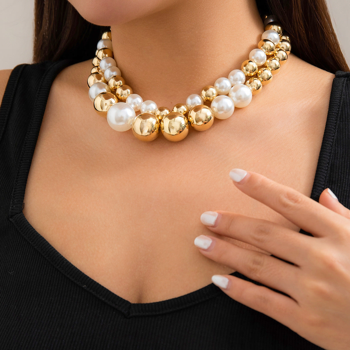 Exaggerated Big Pearl Chunky Heart CCB Round Ball Bead Chain Punk Choker Necklace
