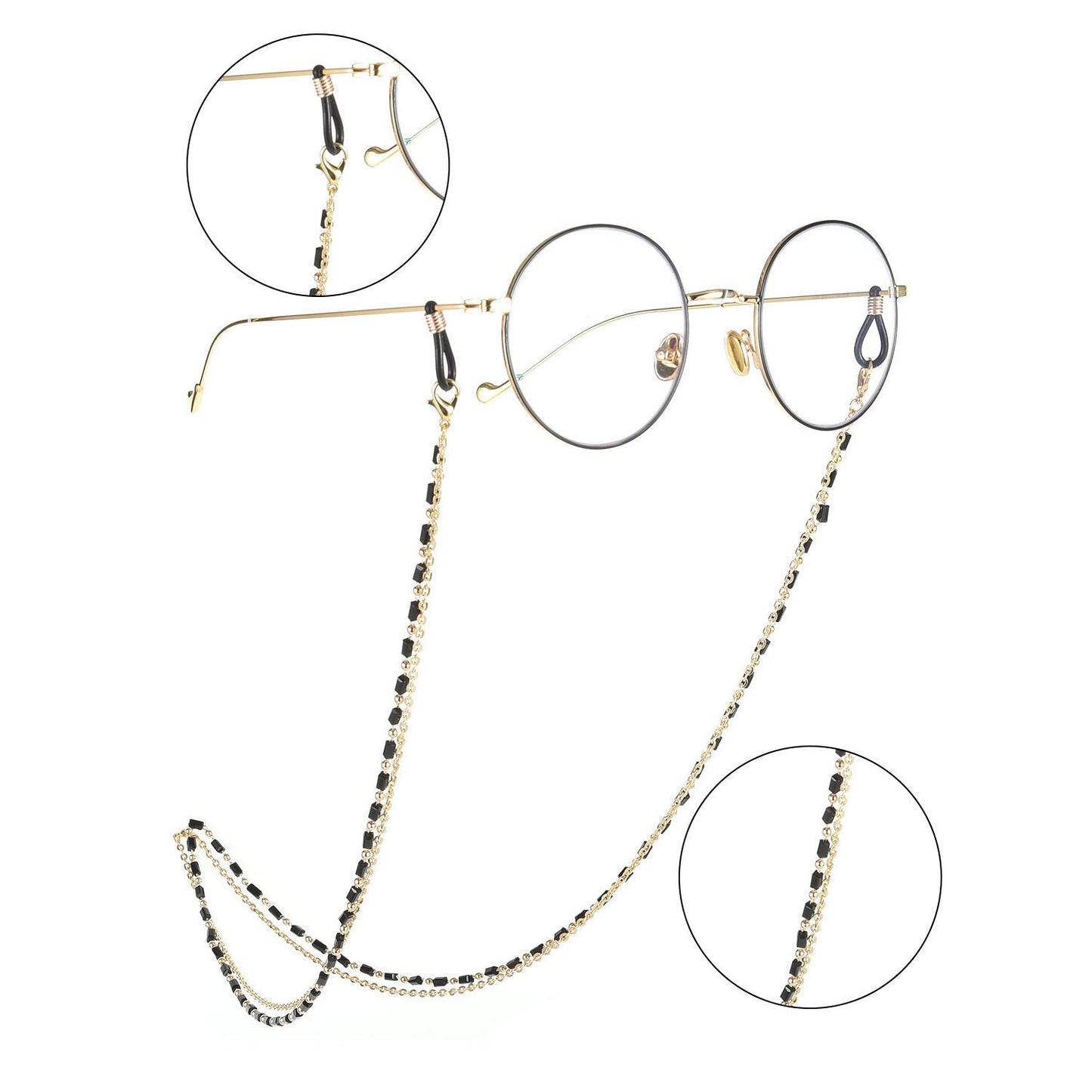 Reading Glasses Chain Women Black Beads Gold Eyeglass Lanyard Hold Straps