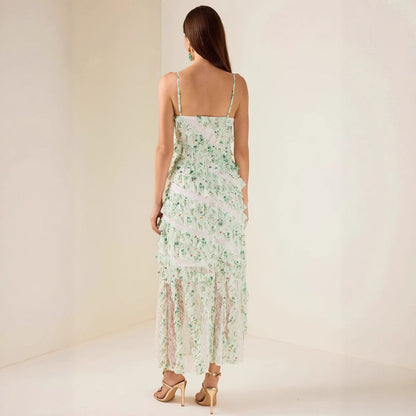 Women's Ruffle Spaghetti Strap Summer Sexy Cover-Up Mesh Long Dress
