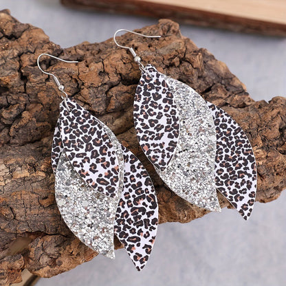 Bohemian Geometric Drop Earrings - Lightweight Faux Leather Leaf Design with Double-Sided Color & Triple Tassel Fringe
