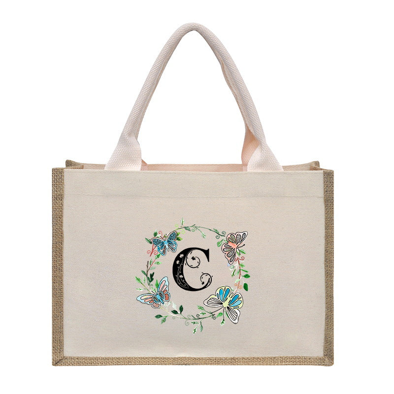Cotton and linen canvas tote bag, printed letter tote bag, portable light handbag, gift shopping bag