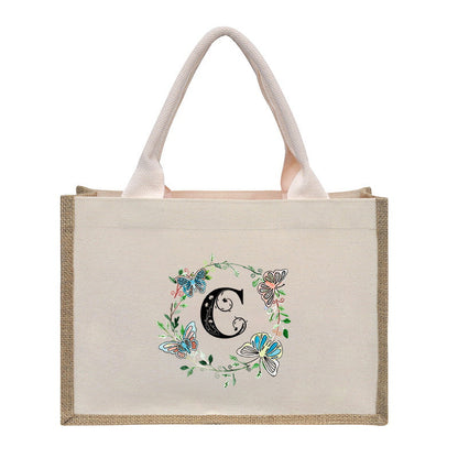Cotton and linen canvas tote bag, printed letter tote bag, portable light handbag, gift shopping bag