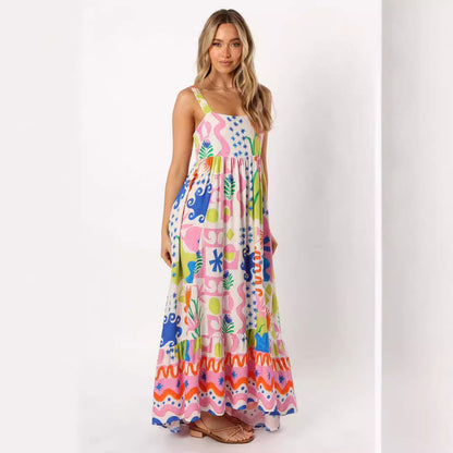 Printed shrinkage pleated splicing long suspender dress positioning flower pendulum skirt
