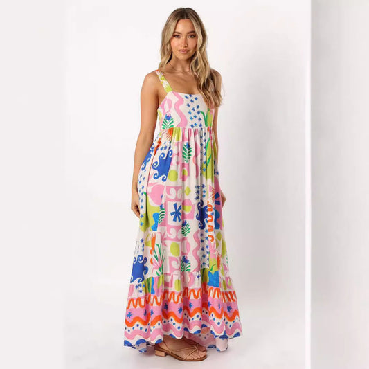 Printed shrinkage pleated splicing long suspender dress positioning flower pendulum skirt