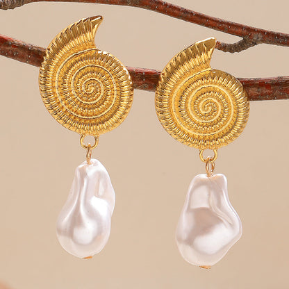 Baroque Irregular Pearl Conch Earrings Art Vintage Handmade Personality Jewelry
