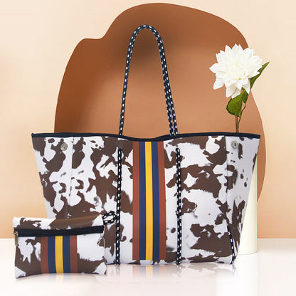 Camo Leopard Black Print Beach Tote – Women’s Neoprene Travel Bag, Diving Fabric Casual Handbag