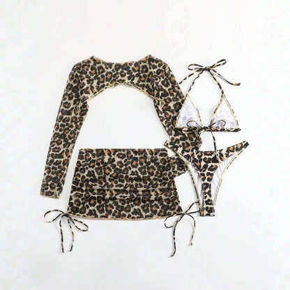 Leopard Print Lace up Sexy Bikini Separated Four piece Swimsuit Long Sleeve Sun Protection Skirted Swimwear