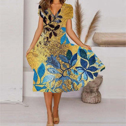 V Neck Bohemian Print Short Sleeve Dress - Flowy Casual Summer Dress with Elastic Waist
