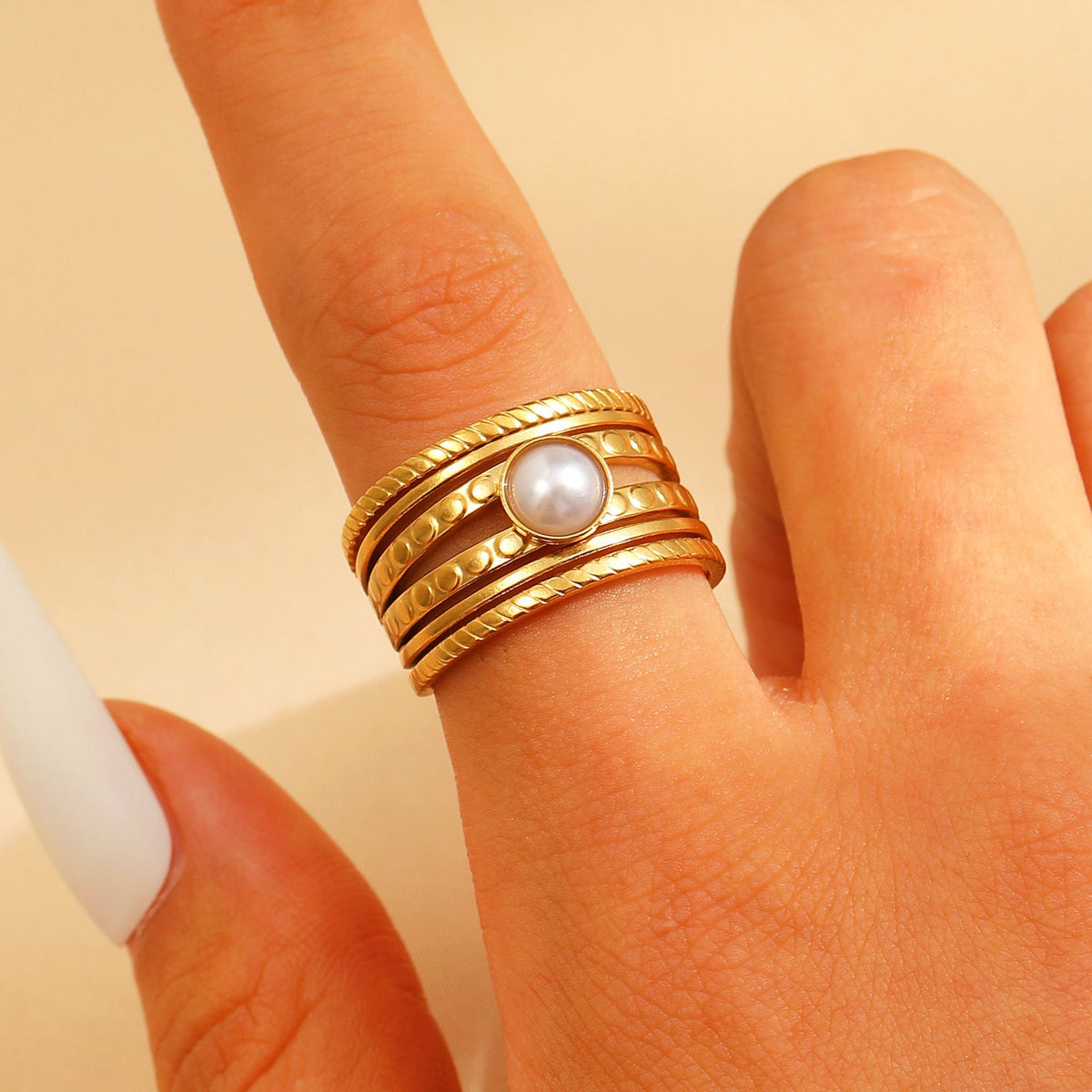 Adjustable Open Stainless Steel Pearl Ring, 18K Gold Plated Oval Baroque Ring