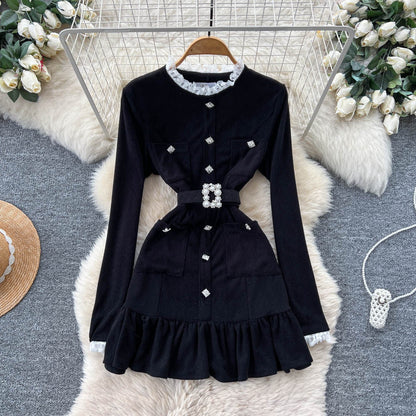 Pearl Buckle Lace Trim Dress – Black Tie-Waist Peplum Hem Mini, Elegant Cocktail Shift