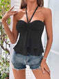 Sexy Lace Up Cross Sling Off-Shoulder Halter Pleated Ruffle Edge Solid Color Tube Top Drawstring Bust Tie Backless Halter Top
