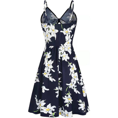 Women's Bow Backless Spaghetti Strap Printed Dress Versatile