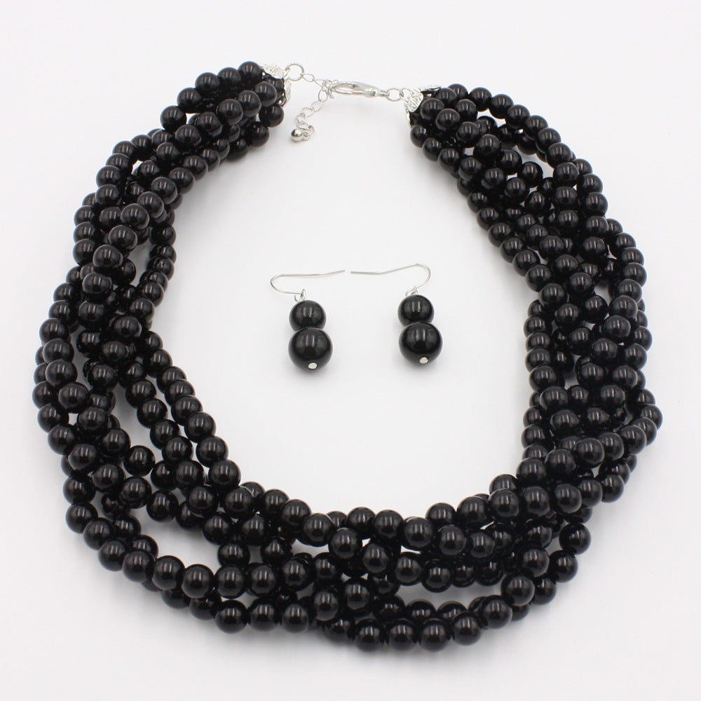 Multilayer Imitation Pearl Earhook Beaded Necklace Short Jewelry Set