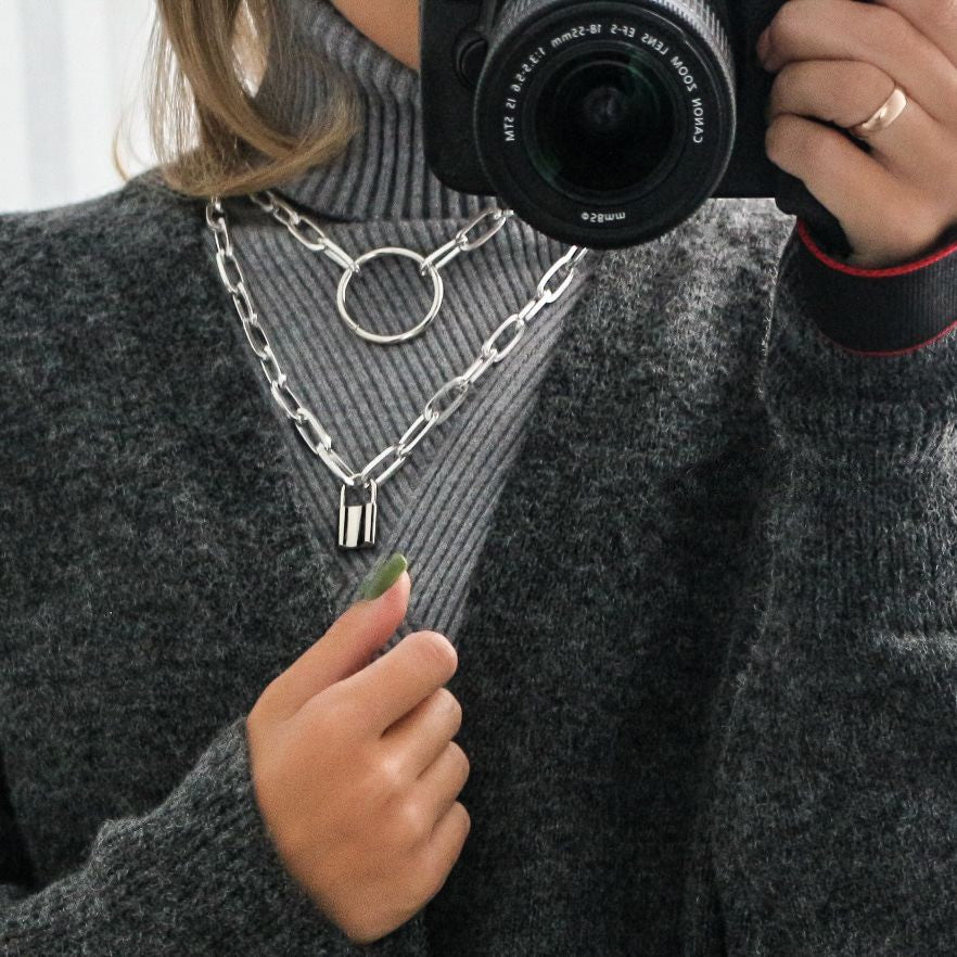 Punk Double Layer Lock Chain Necklace Padlock