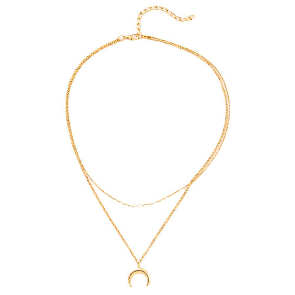 Double Layer Crescent Pearl Pendant Necklace