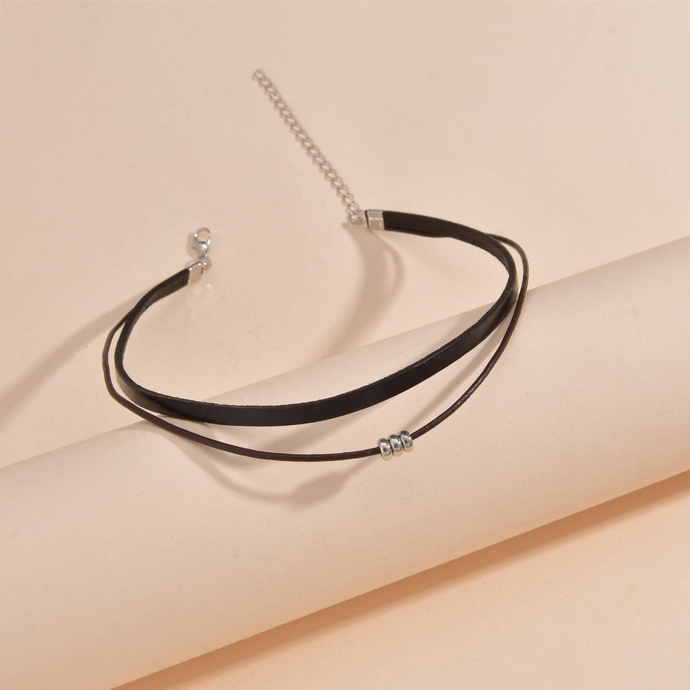 Leather Black Layered Beaded Velvet Choker Necklace