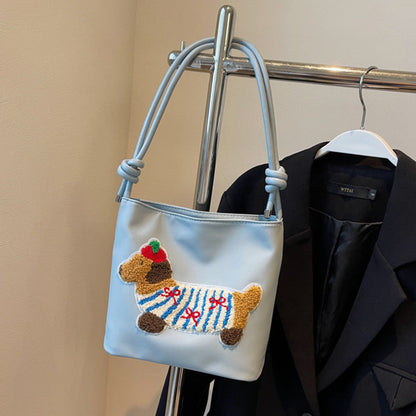 Adorable Cute Puppy Pattern Canvas Bag - Fashionable Bucket Style Shoulder Bag for Students & Women Hobo