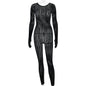 Sexy perspective summer perspective onesie fashion seamless striped jacquard one-piece long-sleeved one-piece trousers