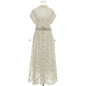 Summer Lace Embroidered Blazer Dress – Notched Collar Button-Front Tie-Waist Maxi, Elegant Long Gown