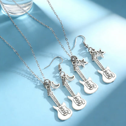Fashion Guitar Music Instrument Necklace & Earrings Women Hip Hop Moon Star Pendant