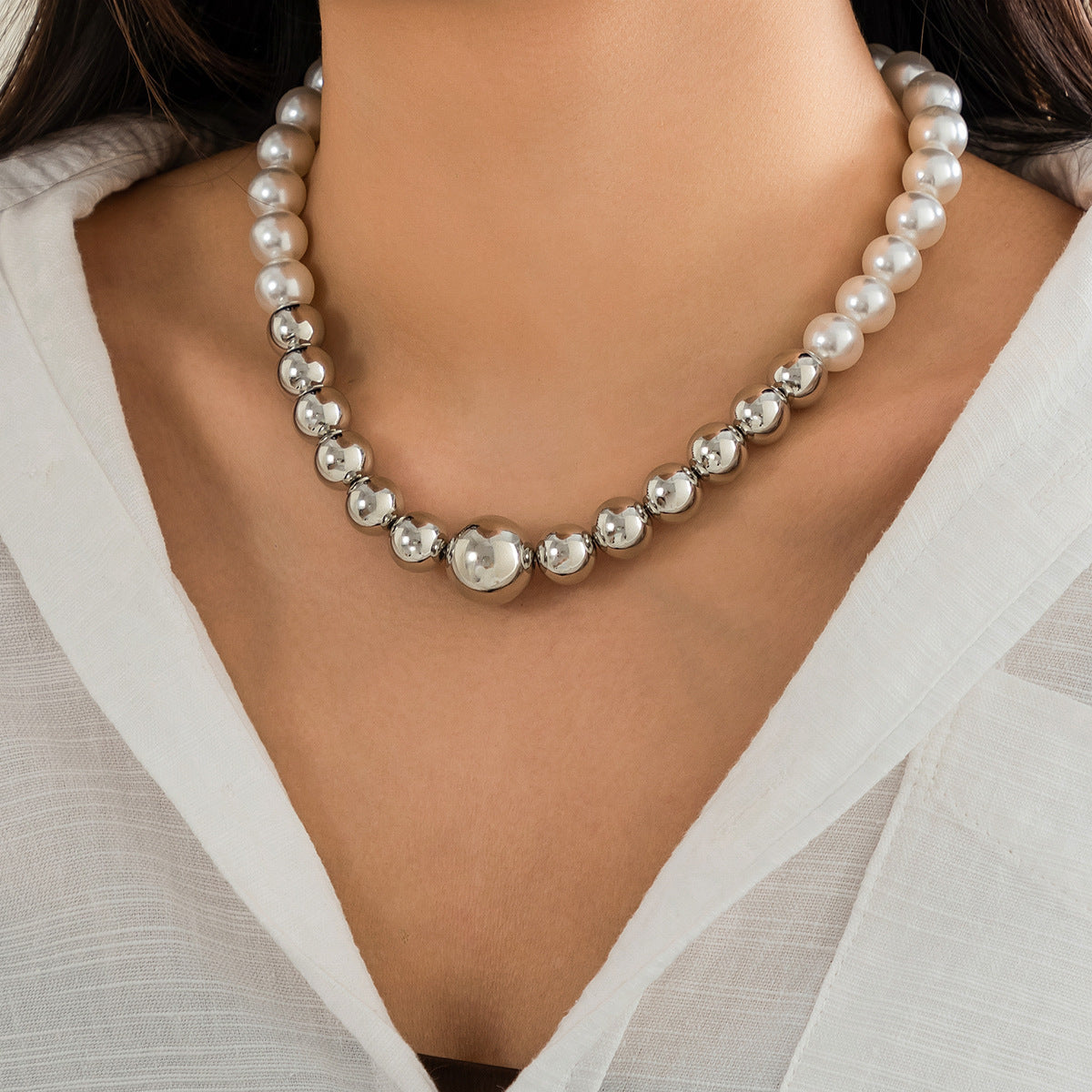 Women CCB Beads Imitation Pearl Collar Choker Necklace