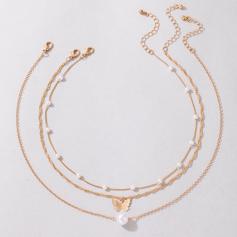 Multi 3 Layers Metallic Chain Gold Alloy Pearl Butterfly Charm Necklace