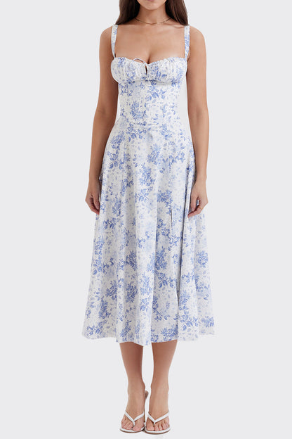 Floral Square Neck Sexy Split Swing Spring Dress Off Shoulder Flower Print Sexy Dress