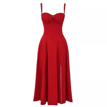 Sleeveless Strapless Bandage Corset Dress - Floral Print Long Midi Dress with Lace Up Back & Thigh Slit