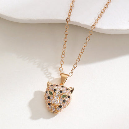 Hip Hop Leopard Head Pendant Necklace & Earrings Set Paved Zircon Luxury Jewelry