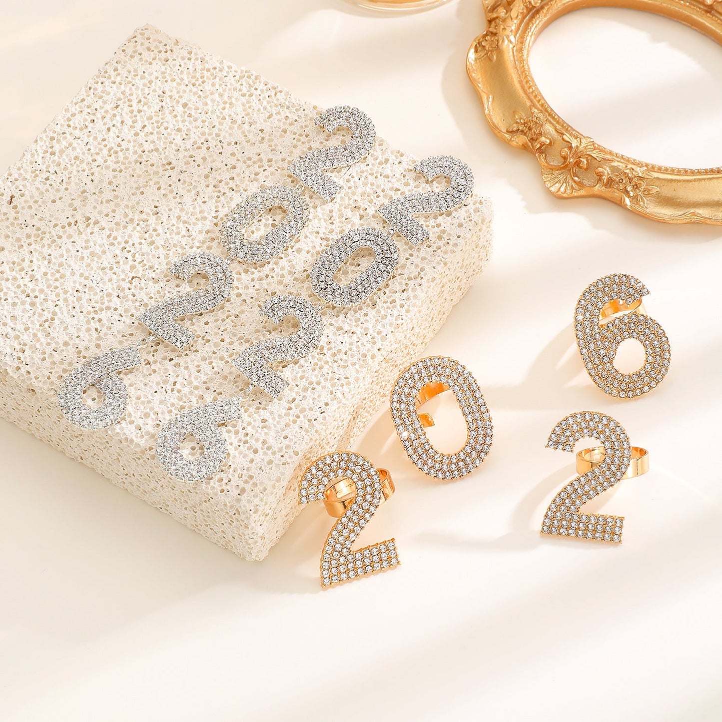 Zircon Inlaid Number Tassel Earrings & Ring Set Luxury Party Jewelry