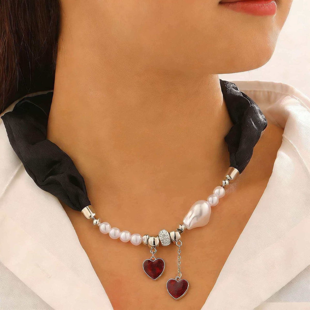 Black Ribbon Necklace Irregular Baroque Pearl Tassel Heart Pendant Choker Set
