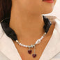 Black Ribbon Necklace Irregular Baroque Pearl Tassel Heart Pendant Choker Set