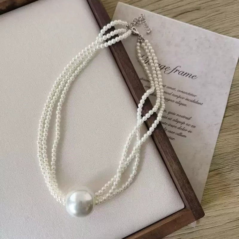 Large Round Bead Pendant Multi layer Pearl Beaded Necklace
