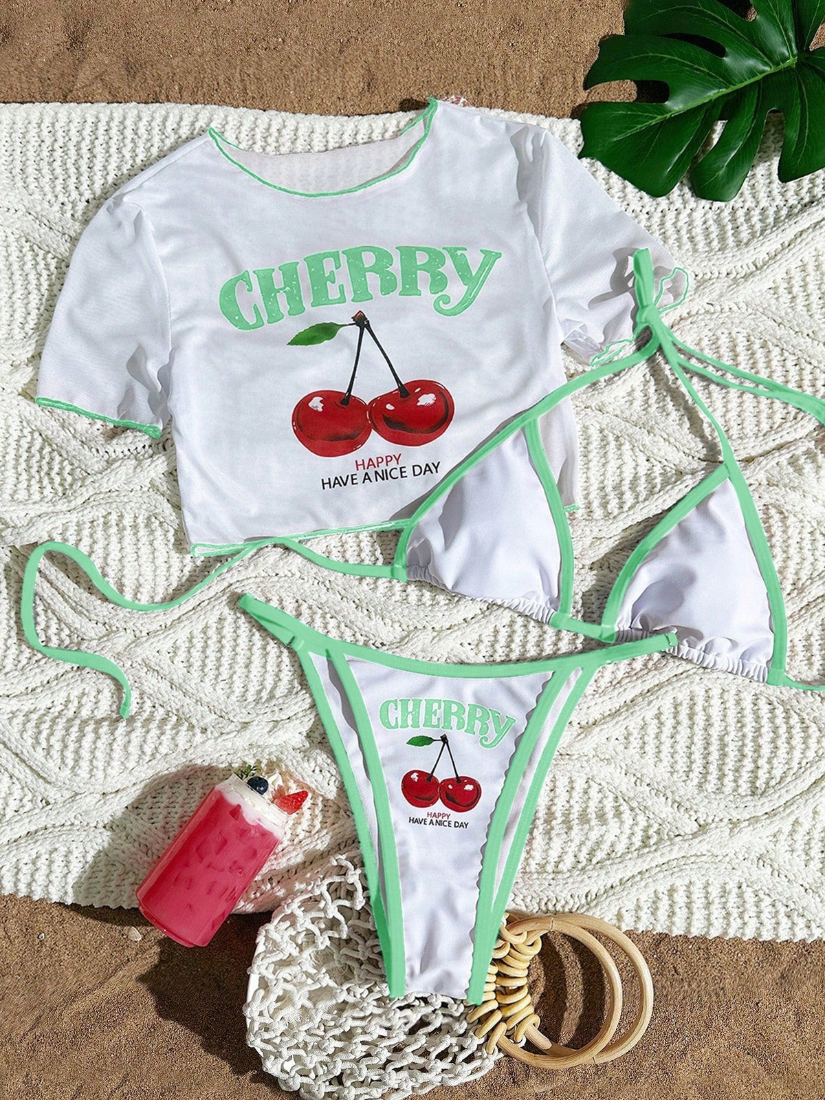 Women's Short Sleeve Slim Fit Two-Piece Swimsuit with Positioning Print Sexy Bikini Three-Piece Set