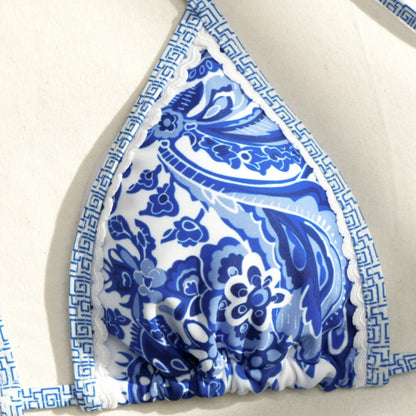 Apron Three Piece Bikini Vintage Print Tie Swimsuit Women's Swimwear