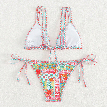 Printed Triangle Sexy Split Swimsuit Three Points Beach Bikini Female Neck-Tie Halter Bikini W Random Flower