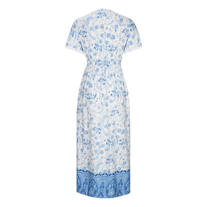 Women's Short Sleeve Lace Trim Tie-Waist Bohemian Dress Vacation Beach Dress Floral