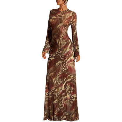 Women's Mesh Printed Cover-Up Casual Vacation Beach Maxi Dress