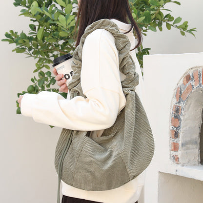 Canvas hobo bag, casual pleated shoulder bag, drawstring corduroy shoulder bag