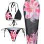 Apron Three Piece Bikini Vintage Print Long Skirt Swimsuit Women's Swimwear