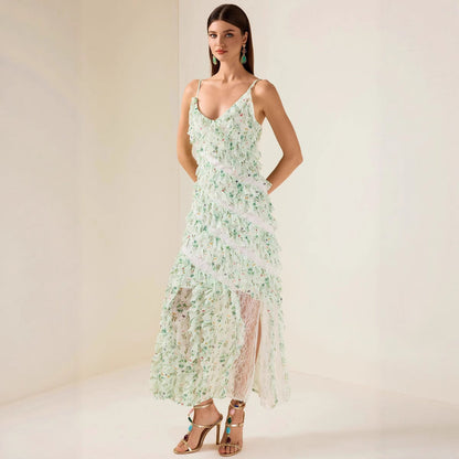 Women's Ruffle Spaghetti Strap Summer Sexy Cover-Up Mesh Long Dress