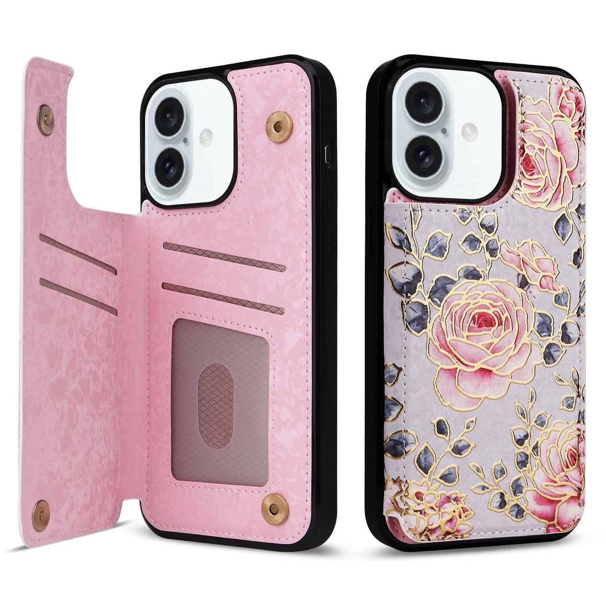 Phone Case Applicable to Apple 16 painted double buckle four-insert card wallet case 16pro max all-inclusive anti-drop case protective cover