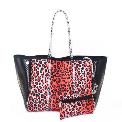 Camo Leopard Black Print Beach Tote – Women’s Neoprene Travel Bag, Diving Fabric Casual Handbag