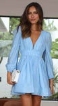Skinny Deep V-Neck Waist Pleated Mini Dress - Long Sleeve Bodycon Short Dress