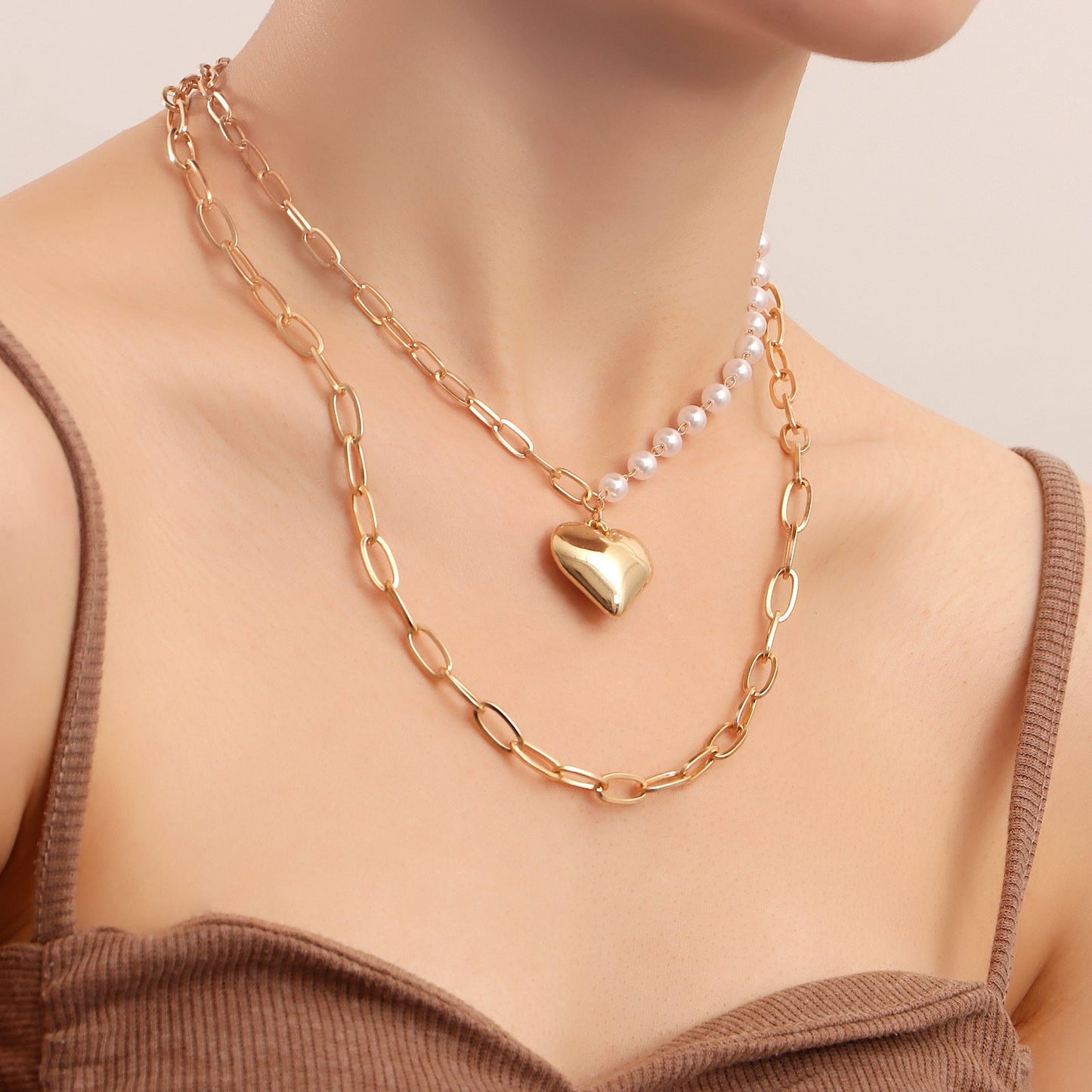 Double Layer Pearl Love Heart Pendant Necklace