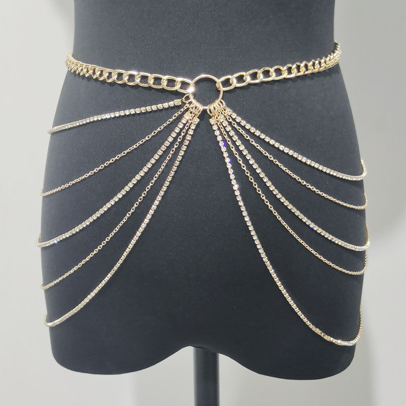 Fashion Metal Rhinestone Waist Chain Tassel Multi-layer Waist Chain
