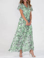 Beach Flared Maxi Dress Chiffon Floral Short Sleeve Ruffle V-Neck Fashion Waist-Defining Dress