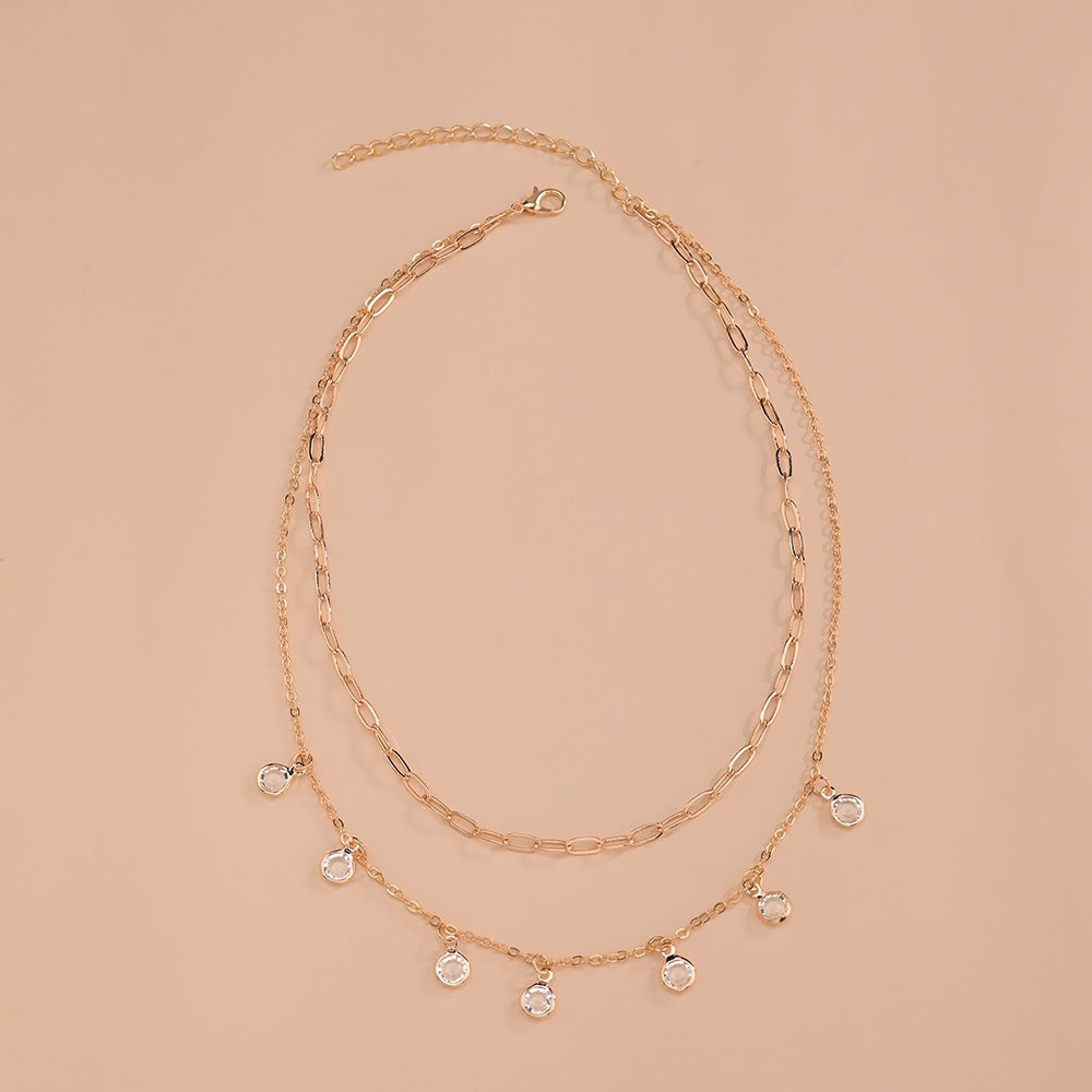 Double Layer Chain Crystal Pendant Necklace